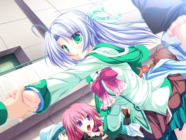 Anime picture 1600x1200 with magus tale whirlpool (studio) alicia infans tenmaso long hair blush short hair open mouth purple eyes multiple girls green eyes yellow eyes pink hair game cg purple hair ahoge aqua hair holding hands group half updo