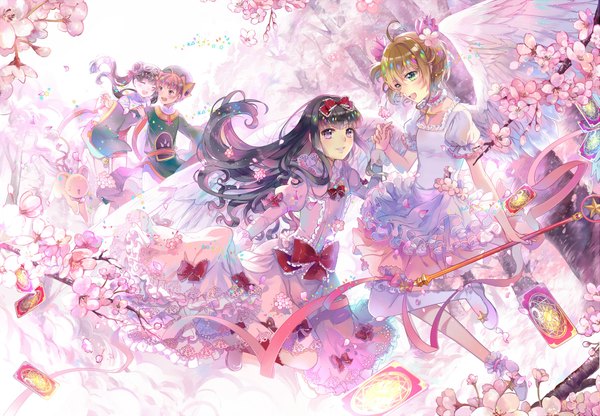 Anime picture 2295x1593 with card captor sakura clamp kinomoto sakura daidouji tomoyo kero (cardcaptor sakura) li xiaolang li meiling ekita xuan long hair blush highres short hair open mouth black hair brown hair twintails purple eyes multiple girls green eyes looking away