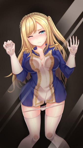Anime picture 677x1200 with warship girls r richelieu (warship girls r) yuemanhuaikong single long hair tall image blush breasts blue eyes light erotic blonde hair large breasts one eye closed tears side ponytail panty pull breast press against glass girl thighhighs