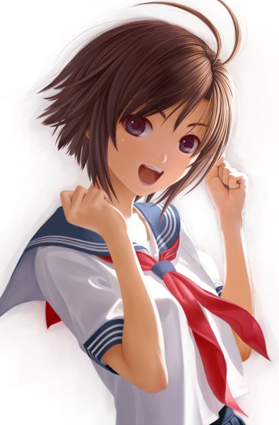 Anime picture 789x1200 with original nekopuchi single tall image looking at viewer short hair open mouth simple background brown hair white background ahoge black eyes girl serafuku necktie