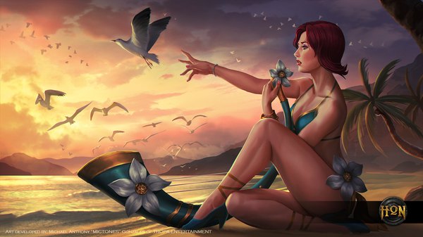 Anime picture 1920x1080 with heroes of newerth luau rhapsody mickyoko (mictones) single highres short hair wide image sitting holding signed looking away sky cloud (clouds) full body bent knee (knees) red hair nail polish parted lips profile fingernails