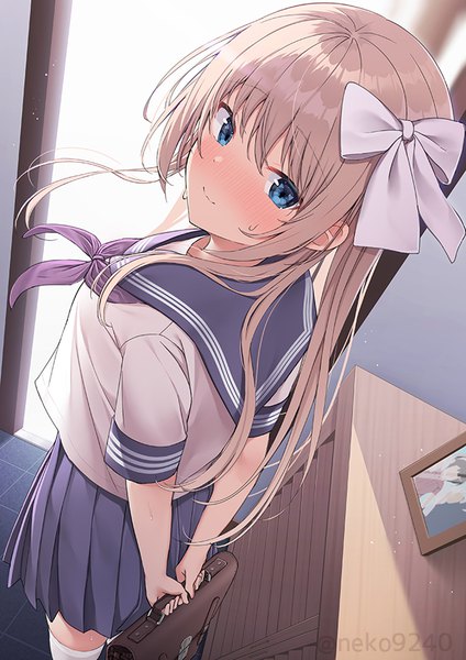Anime picture 636x900 with original nekokobushi single long hair tall image looking at viewer blush fringe breasts blue eyes blonde hair smile hair between eyes standing holding signed indoors pleated skirt from above sweat