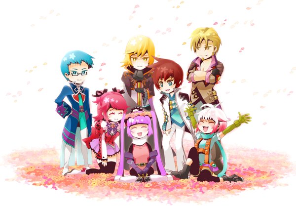 Anime picture 1283x893 with tales of graces sophie (tales) asbel lhant cheria barnes richard (tales) hubert ozwell malik caesars tagme (artist) open mouth blue eyes blonde hair smile brown hair sitting twintails yellow eyes blue hair pink hair purple hair eyes closed