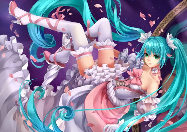 Anime picture 1500x1060 with vocaloid hatsune miku monogo single looking at viewer twintails green eyes very long hair aqua hair girl thighhighs dress gloves petals white thighhighs shoes frills