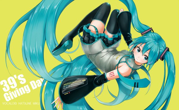 Anime picture 1269x782 with vocaloid hatsune miku krsk single looking at viewer blush wide image twintails bare shoulders very long hair aqua eyes aqua hair girl skirt hair ornament detached sleeves necktie boots thigh boots