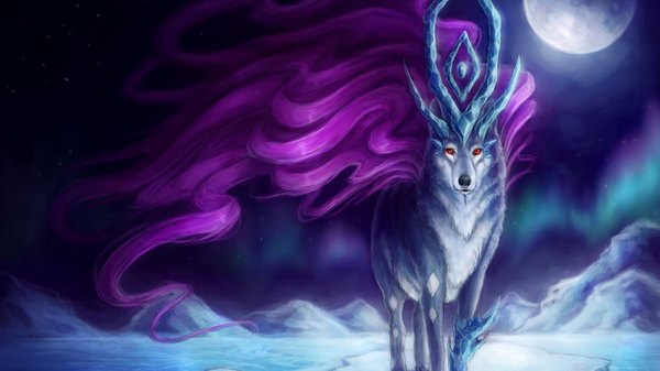 Anime picture 1600x900 with pokemon nintendo suicune sanguisgelidus looking at viewer wide image horn (horns) night snow mountain no people cropped gen 2 pokemon aurora borealis animal moon full moon ice wolf