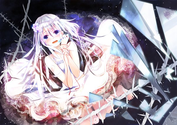 Anime picture 3541x2508 with original ahira yuzu single long hair blush highres open mouth blue eyes absurdres white hair girl dress flower (flowers) thorns