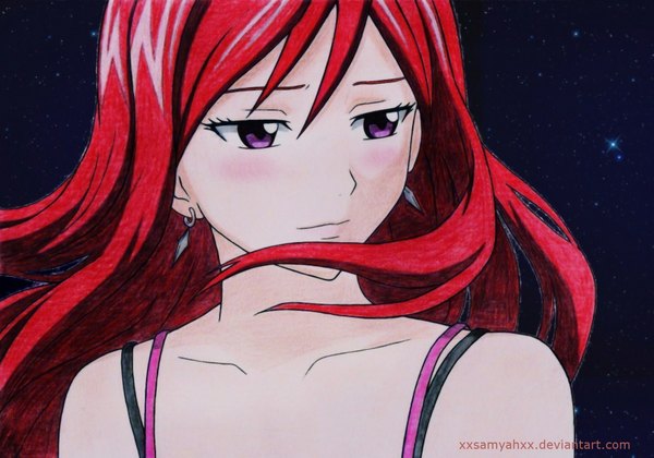 Anime picture 1736x1217 with fairy tail erza scarlet samyah (artist) single long hair blush highres red hair pink eyes light smile night sky portrait girl earrings star (stars)