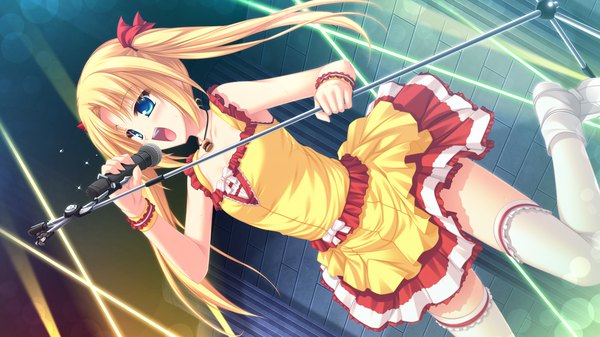 Anime picture 1920x1080 with ryuuyoku no melodia carlyle mel tenmaso long hair blush highres open mouth blue eyes blonde hair wide image game cg girl thighhighs dress white thighhighs microphone stand