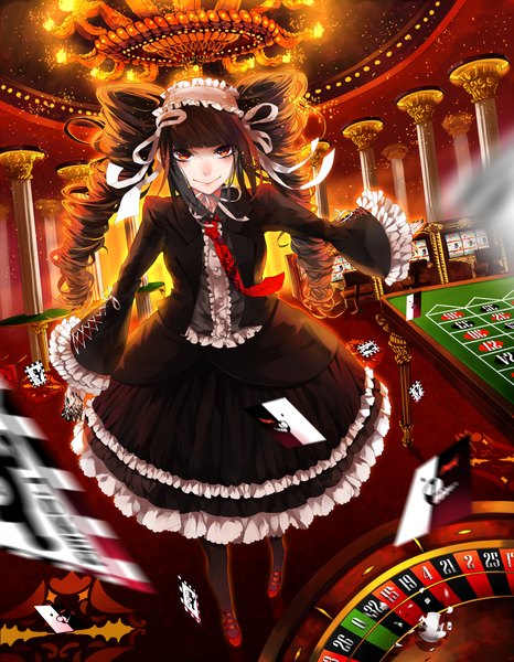 Anime picture 1500x1928 with dangan ronpa monokuma celestia ludenberg kumi (xaetical) single long hair tall image looking at viewer smile brown hair orange eyes drill hair reflection wavy hair casino girl dress bow ribbon (ribbons) hair ribbon