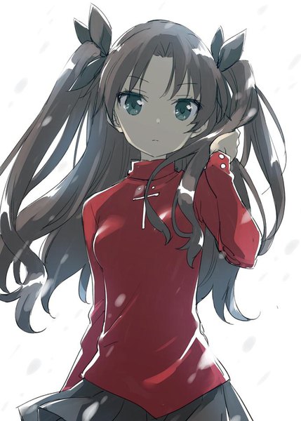 Anime picture 686x960 with fate (series) toosaka rin peko single long hair tall image looking at viewer black hair upper body aqua eyes wind two side up adjusting hair girl skirt black skirt turtleneck