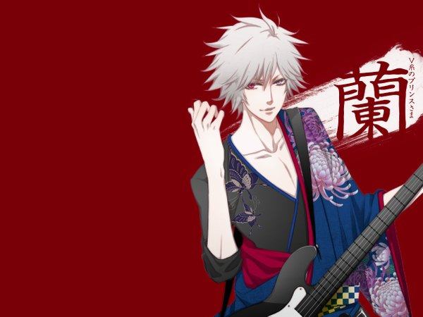 Anime picture 1209x907 with uta no prince-sama a-1 pictures kurosaki ranmaru hatoya (artist) single looking at viewer short hair simple background red eyes purple eyes silver hair traditional clothes japanese clothes pink eyes light smile grey hair heterochromia red background boy kimono