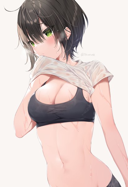 Anime picture 2508x3651 with original mafuyu (chibi21) single tall image looking at viewer blush fringe highres short hair breasts light erotic black hair simple background hair between eyes large breasts standing green eyes payot looking away cleavage