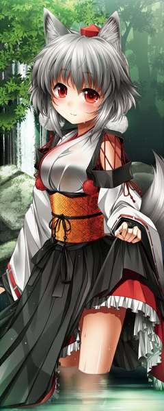 Anime picture 400x1000 with touhou inubashiri momiji kei kei single tall image looking at viewer blush short hair smile red eyes animal ears silver hair tail traditional clothes animal tail wolf ears wolf tail wolf girl waterfall kourindou tengu costume