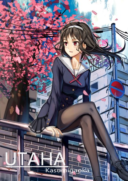Anime picture 868x1227 with saenai heroine no sodatekata a-1 pictures kasumigaoka utaha soulkiller (brz) single long hair tall image blush open mouth red eyes brown hair sitting looking away inscription crossed legs cherry blossoms girl uniform plant (plants) petals