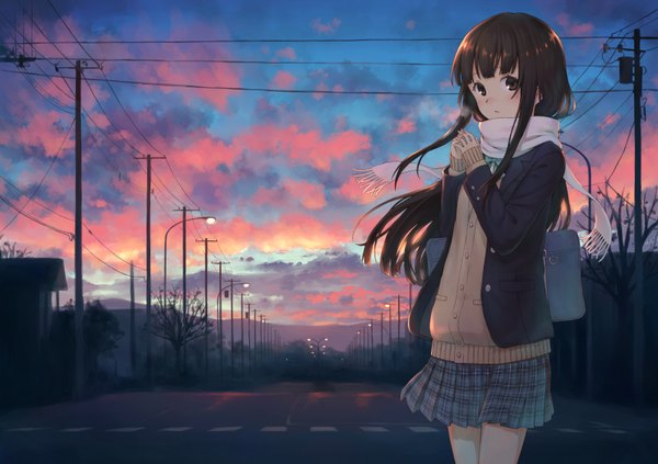 Anime picture 1600x1130 with original 104 single long hair looking at viewer blush fringe brown hair standing brown eyes payot sky cloud (clouds) outdoors blunt bangs pleated skirt wind sleeves past wrists plaid skirt exhalation