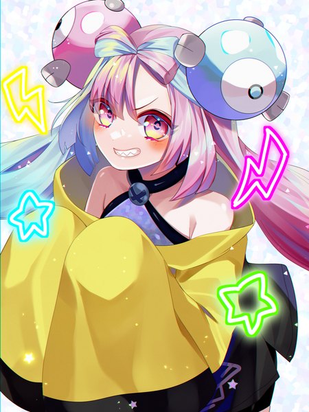 Anime picture 2000x2667 with pokemon pokemon (game) pokemon sv nintendo iono (pokemon) rukito single long hair tall image looking at viewer highres smile bare shoulders blue hair pink hair long sleeves pink eyes multicolored hair two-tone hair grin