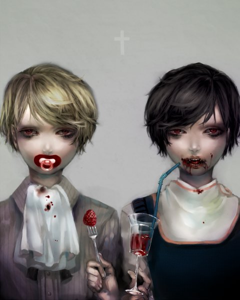 Anime picture 960x1200 with original sitry tall image looking at viewer short hair open mouth black hair simple background blonde hair red eyes multiple boys teeth fang (fangs) licking boy food tongue blood 2 boys cross