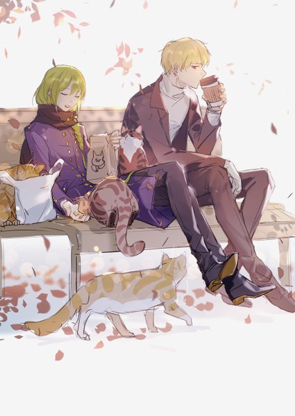 Anime picture 2000x2823 with fate (series) fate/grand order fate/strange fake gilgamesh (fate) enkidu (fate) rrr (reason) long hair tall image highres short hair blonde hair red eyes outdoors eyes closed profile green hair multiple boys crossed legs androgynous boy