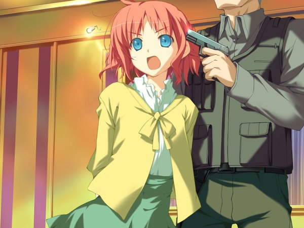 Anime picture 1600x1200 with happy margaret amagahara inaho kokonoka short hair open mouth blue eyes game cg red hair girl weapon gun pistol