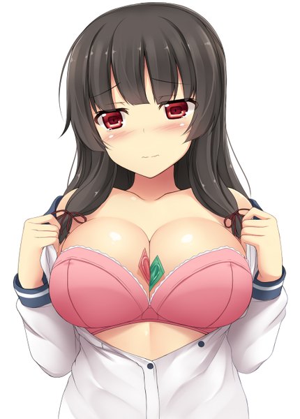 Anime picture 1000x1396 with kantai collection isokaze destroyer mizunashi kenichi single long hair tall image blush fringe breasts light erotic black hair simple background red eyes large breasts white background embarrassed between breasts tress ribbon girl gloves