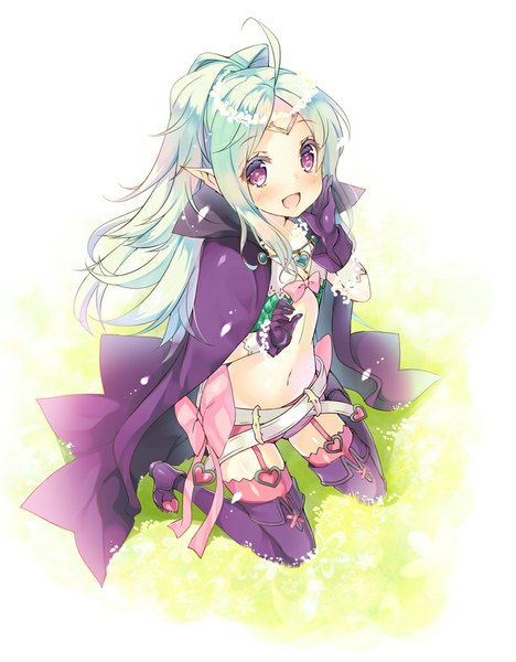 Anime picture 780x1000 with fire emblem fire emblem awakening nintendo nowi (fire emblem) miwabe sakura single long hair tall image looking at viewer blush open mouth purple eyes hair flower pointy ears aqua hair kneeling flat chest happy elf girl