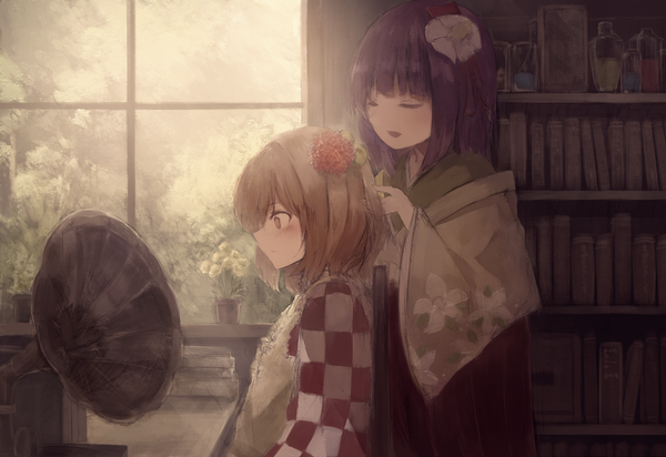 Anime picture 2851x1958 with touhou hieda no akyuu motoori kosuzu thkani blush fringe highres short hair open mouth brown hair multiple girls brown eyes looking away purple hair eyes closed traditional clothes japanese clothes hair flower wide sleeves floral print