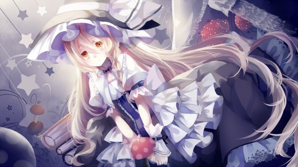 Anime picture 1200x675 with touhou pixiv kirisame marisa filiananna single long hair looking at viewer blonde hair wide image yellow eyes single braid girl dress hat frills star (symbol) witch hat mushroom (mushrooms)