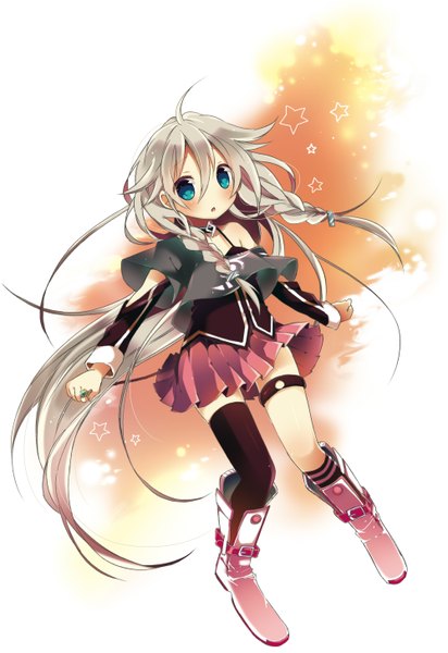 Anime picture 1000x1455 with vocaloid ia (vocaloid) udukiasa (artist) single long hair tall image looking at viewer blush blue eyes bare shoulders braid (braids) pleated skirt grey hair twin braids spread arms girl thighhighs choker boots star (symbol)