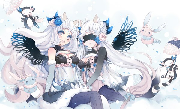 Anime picture 900x545 with original penguin-pinpin long hair looking at viewer fringe breasts open mouth smile wide image sitting twintails bare shoulders multiple girls signed animal ears payot bent knee (knees) white hair blunt bangs head tilt