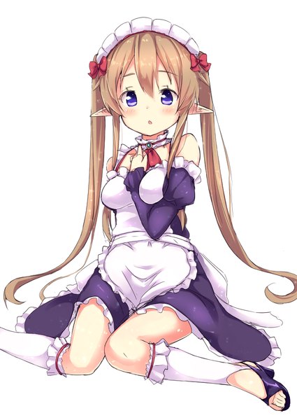 Anime picture 752x1062 with outbreak company feel (studio) myucel foalan mokoke single long hair tall image looking at viewer blush open mouth simple background brown hair white background sitting purple eyes twintails bare shoulders pointy ears maid elf