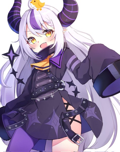Anime picture 1617x2048 with virtual youtuber hololive la+ darknesss la+ darknesss (1st costume) hanen (borry) single tall image looking at viewer blush fringe open mouth simple background hair between eyes white background yellow eyes silver hair ahoge tail long sleeves very long hair