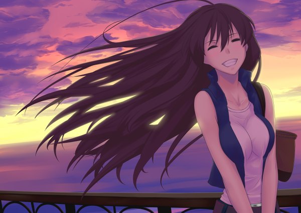 Anime picture 1414x1000 with original juu ho long hair black hair smile sky eyes closed evening sunset ^ ^ girl