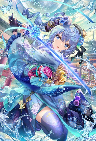Anime picture 1200x1752 with virtual youtuber hololive hoshimachi suisei torino aqua single long hair tall image looking at viewer open mouth blue eyes holding blue hair sky cloud (clouds) traditional clothes japanese clothes wide sleeves side ponytail floral print girl
