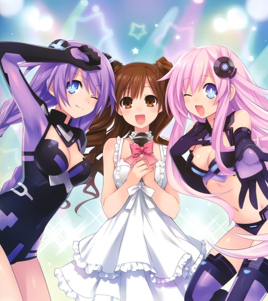 Anime picture 4868x5457 with choujigen game neptune purple heart purple sister tsunako long hair tall image blush highres open mouth blue eyes brown hair bare shoulders multiple girls brown eyes pink hair absurdres purple hair one eye closed wink official art