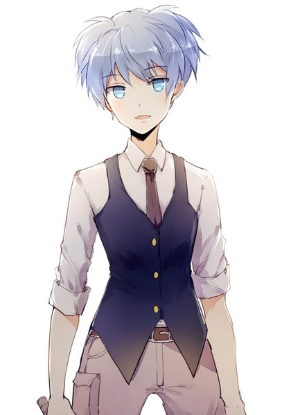 Anime picture 770x1099 with ansatsu kyoushitsu shiota nagisa kurasaki ken single tall image looking at viewer short hair open mouth blue eyes simple background white background twintails blue hair short twintails twisty sleeves boy uniform school uniform vest