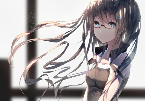 Anime picture 800x559 with original hadean92 single long hair looking at viewer fringe blue eyes brown hair wind sunlight blurry sleeveless portrait strap slip open collar sunbeam dust girl dress hair ornament