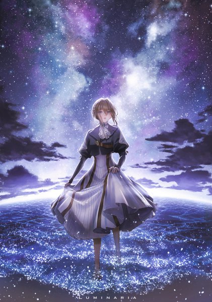 Anime-Bild 3900x5560 mit violet evergarden kyoto animation violet evergarden (character) lumin aria single long hair tall image fringe highres blue eyes blonde hair hair between eyes signed looking away absurdres sky cloud (clouds) full body horizon milky way