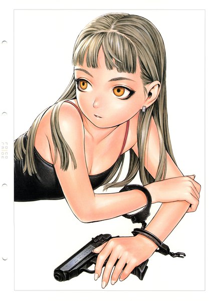 Anime picture 3000x4100 with form code (artbook) range murata single long hair tall image fringe highres simple background blonde hair white background bare shoulders holding looking away upper body parted lips fingernails scan orange eyes flat chest girl