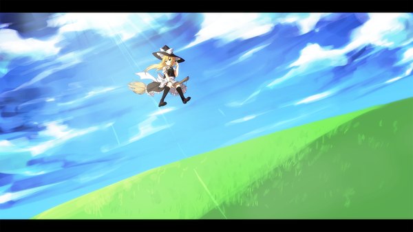 Anime picture 2400x1350 with touhou kirisame marisa toosaka asagi single long hair fringe highres blonde hair wide image looking away sky outdoors arm up sunlight grey eyes dutch angle letterboxed broom riding girl bow