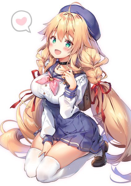 Anime picture 601x850 with azur lane le temeraire (azur lane) riichu single tall image looking at viewer blush fringe breasts open mouth simple background blonde hair smile hair between eyes white background sitting green eyes payot full body ahoge