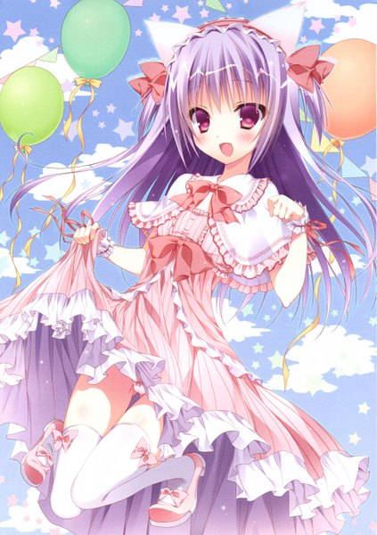 Anime picture 3836x5443 with original futaba miwa long hair tall image blush highres open mouth light erotic purple eyes animal ears absurdres purple hair tail animal tail cat ears cat girl cat tail two side up ass visible through thighs girl