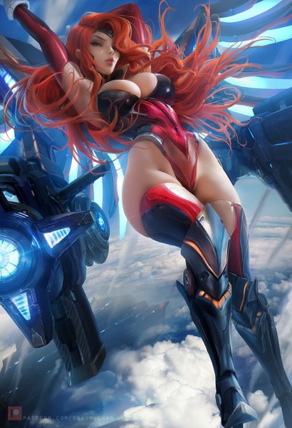 Anime picture 2326x3400 with league of legends miss fortune (league of legends) sakimichan single long hair tall image looking at viewer fringe highres breasts light erotic large breasts green eyes signed sky cleavage cloud (clouds) red hair parted lips wind