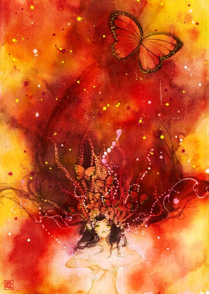 Anime picture 1000x1407 with original muttiy single long hair tall image open mouth light erotic brown hair bare shoulders yellow eyes bare belly looking up red background covering yellow background covering breasts traditional media watercolor (medium) girl plant (plants)