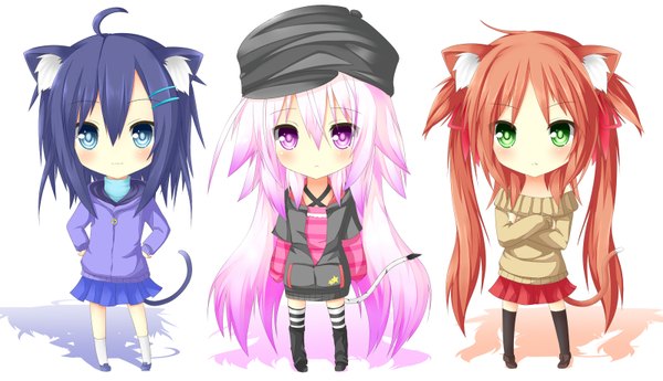 Anime picture 1600x920 with original chabaneko long hair looking at viewer blush blue eyes black hair simple background wide image white background twintails multiple girls green eyes animal ears pink hair red hair tail very long hair animal tail pink eyes