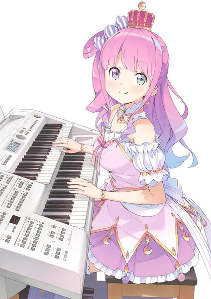 Anime picture 955x1351 with virtual youtuber hololive himemori luna himemori luna (1st costume) kanzaki hiro single long hair tall image looking at viewer simple background smile white background sitting pink hair multicolored hair two-tone hair official art heterochromia playing instrument girl