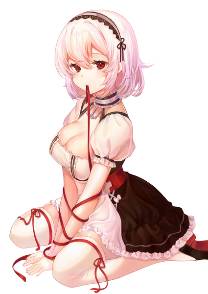 Anime picture 2508x3541 with azur lane sirius (azur lane) reel (riru) single tall image looking at viewer blush fringe highres breasts light erotic simple background hair between eyes red eyes large breasts white background sitting holding pink hair cleavage