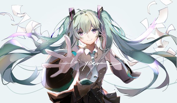 Anime picture 1400x814 with vocaloid hatsune miku bxr single long hair looking at viewer fringe smile hair between eyes wide image twintails purple eyes upper body head tilt aqua hair floating hair outstretched hand anniversary girl necktie