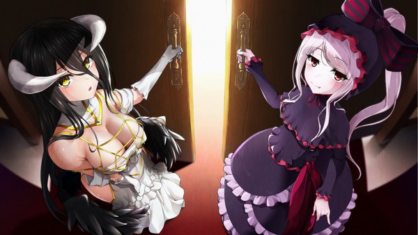 Anime picture 1920x1080 with overlord (maruyama) madhouse albedo (overlord) shalltear bloodfallen enishi nishimiya long hair looking at viewer blush fringe highres breasts open mouth light erotic black hair hair between eyes red eyes wide image large breasts standing multiple girls