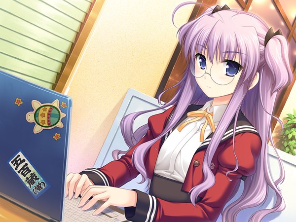 Anime picture 1024x768 with w. l. o. sekai ren'ai kikou ioroi hotaru long hair purple eyes game cg purple hair girl glasses serafuku laptop
